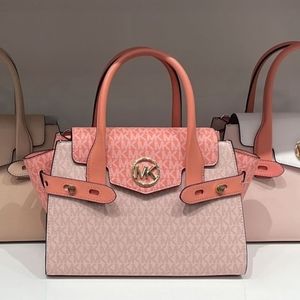 MICHAEL KORS Carmen Medium Logo and Faux Leather Belted Satchel - Pink Multi